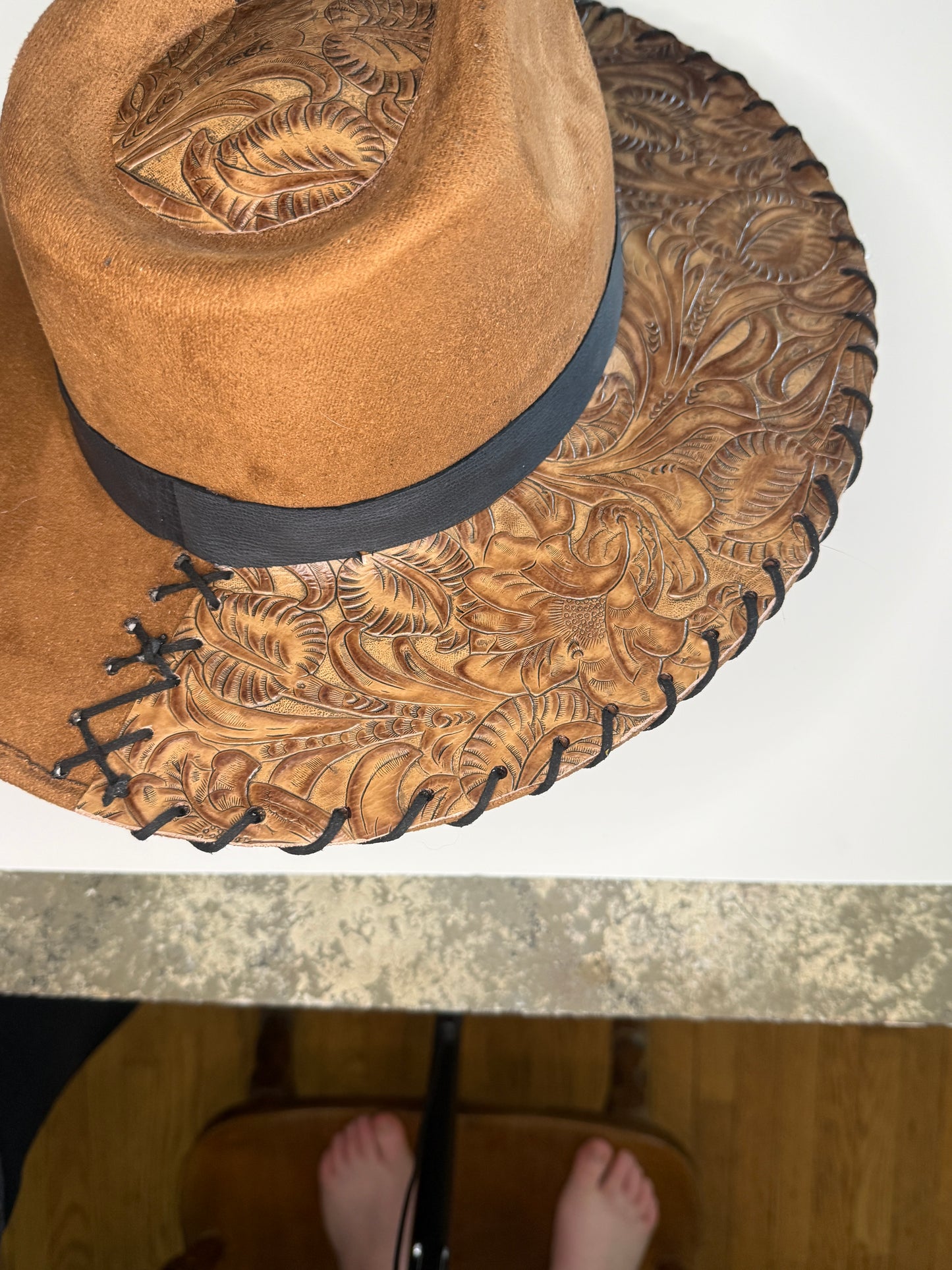 Adjustable Fedora with Embossed Leather and Stitching