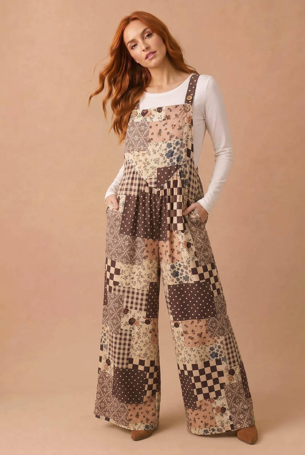 Floral Patchwork Wide Leg Overalls — variant image 1