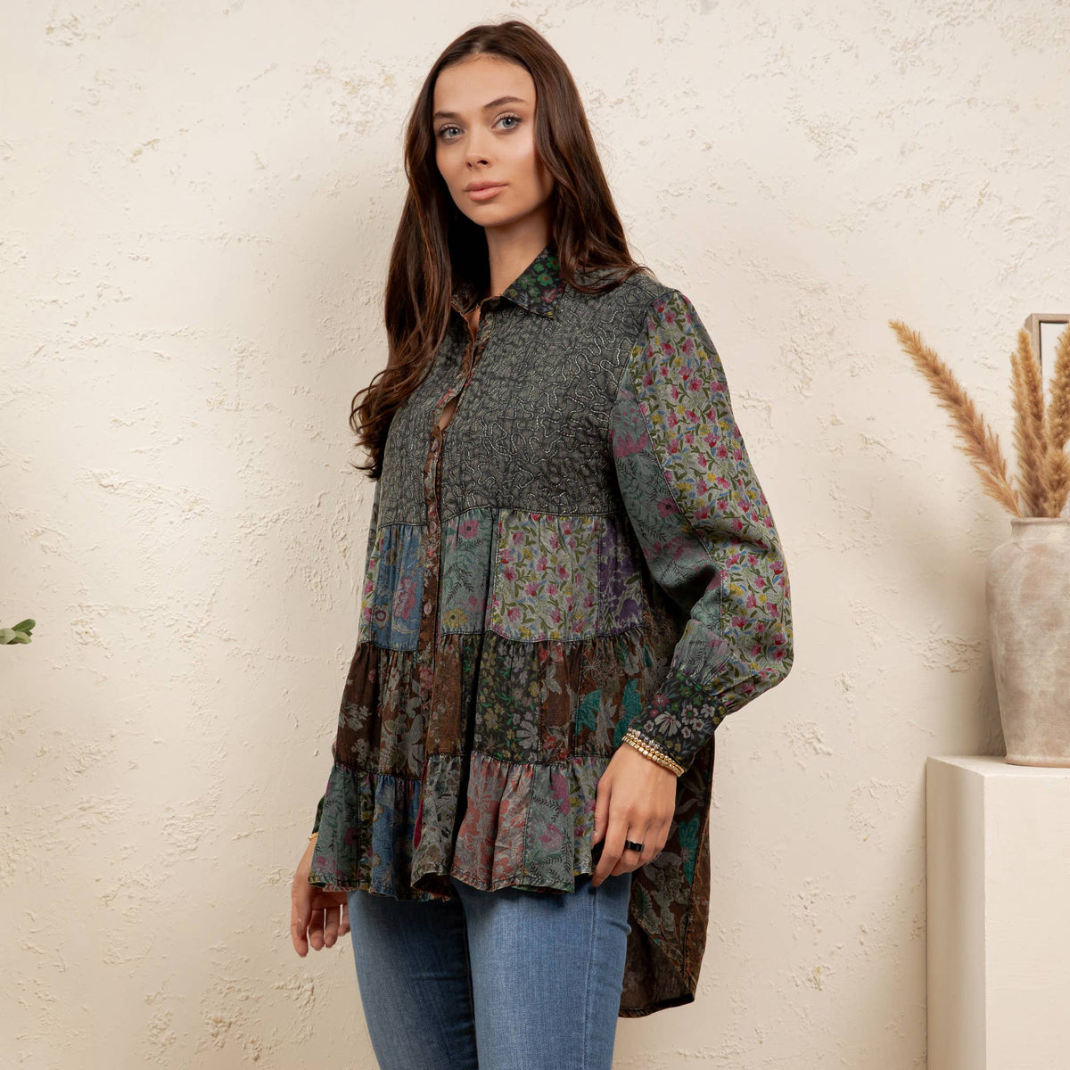 Vintage Floral Boho Ruffle Hem Button Down Tunic Top NEW — image 7