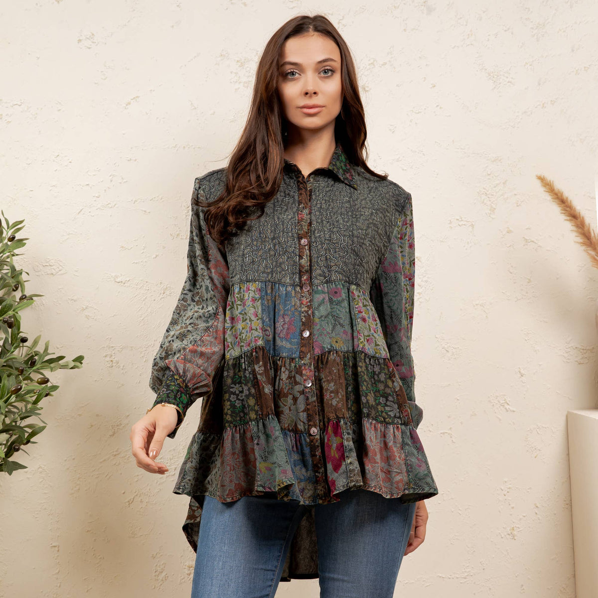 Vintage Floral Boho Ruffle Hem Button Down Tunic Top NEW — variant image 1