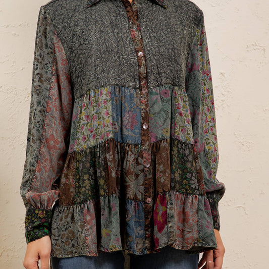 Vintage Floral Boho Ruffle Hem Button Down Tunic Top NEW — image 1