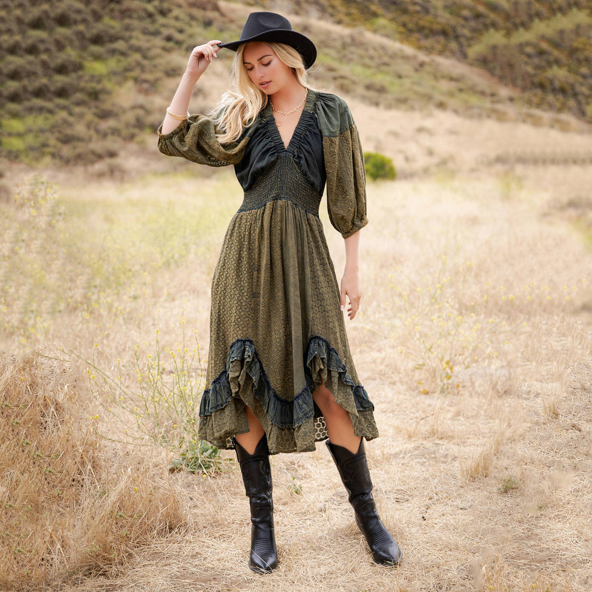 Vintage V-Neck Boho Eyelet Midi Dress - Asymmetrical Ruffle — image 11