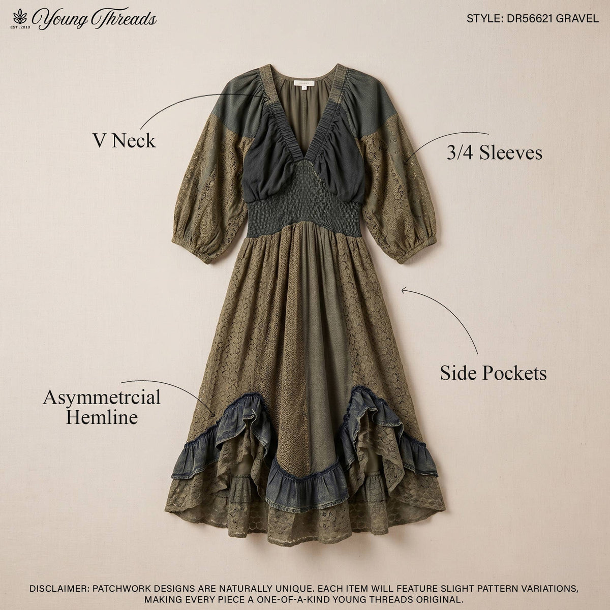 Vintage V-Neck Boho Eyelet Midi Dress - Asymmetrical Ruffle — image 12