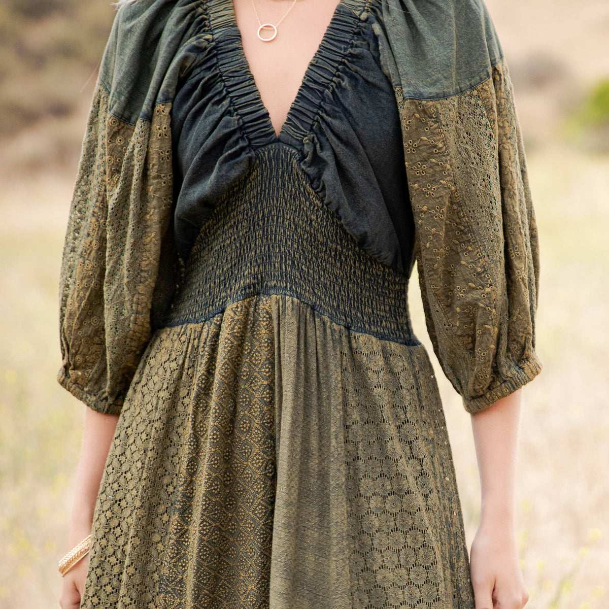 Vintage V-Neck Boho Eyelet Midi Dress - Asymmetrical Ruffle — image 16