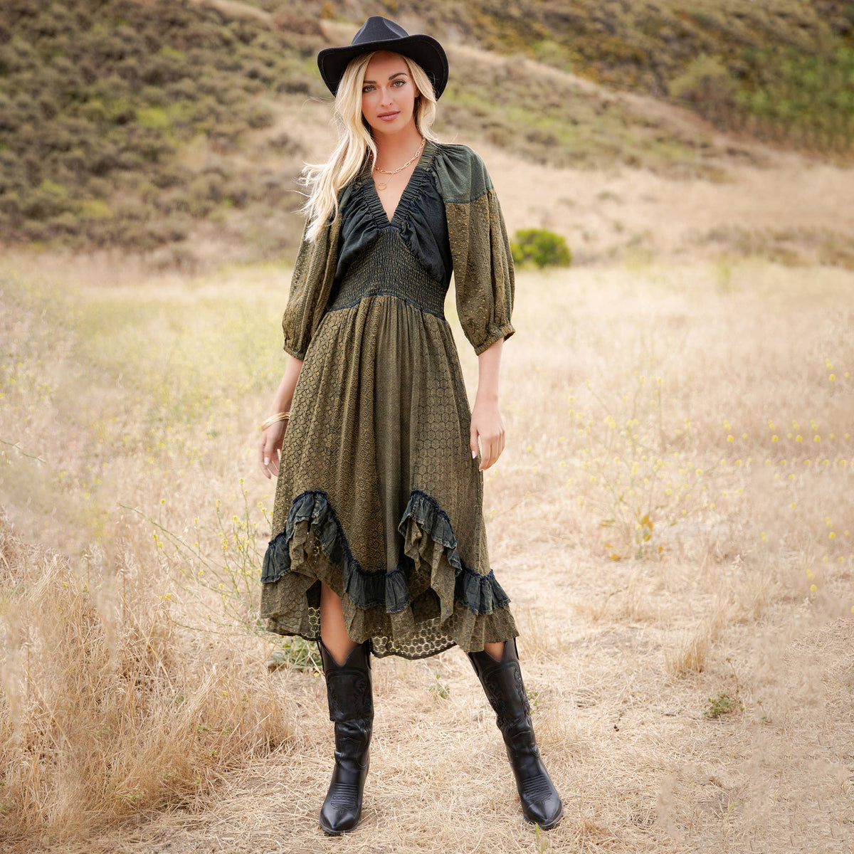 Vintage V-Neck Boho Eyelet Midi Dress - Asymmetrical Ruffle — image 6