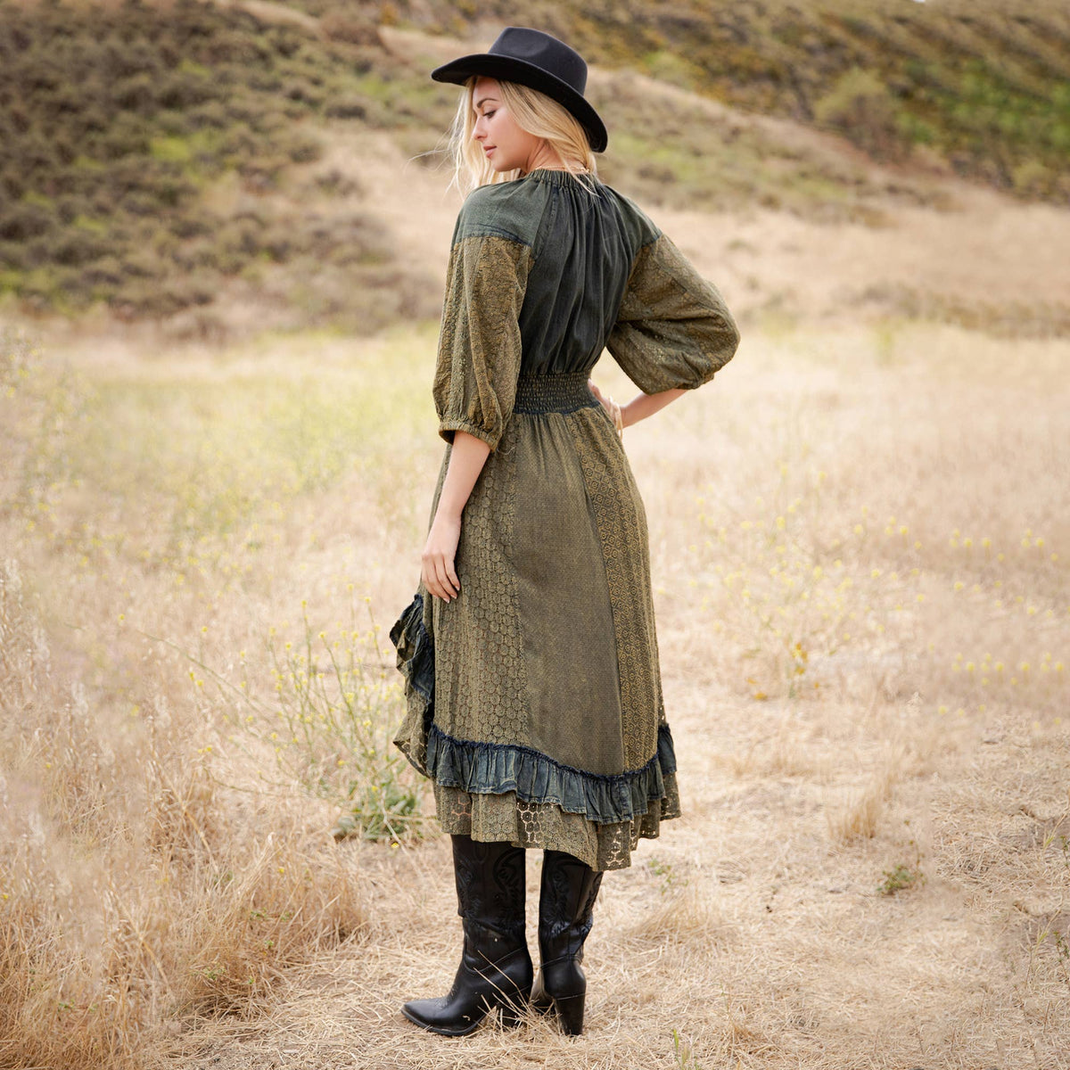Vintage V-Neck Boho Eyelet Midi Dress - Asymmetrical Ruffle — image 7