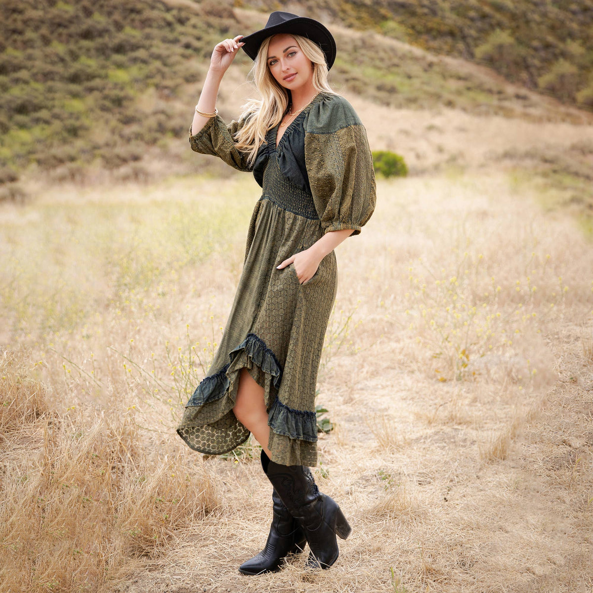 Vintage V-Neck Boho Eyelet Midi Dress - Asymmetrical Ruffle — image 1