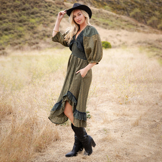 Vintage V-Neck Boho Eyelet Midi Dress - Asymmetrical Ruffle — image 1